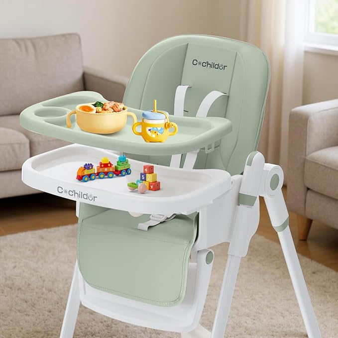 3-in-1 Foldable High Chair for Babies & Toddlers – Adjustable Height, Reclining Seat, 5-Point Safety Harness, Removable Tray, Lockable Wheels, Washable Cushion – Portable & Easy Clean, Green