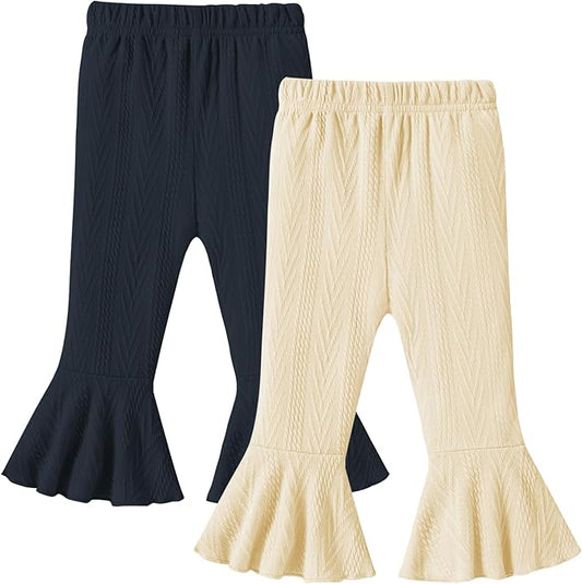2 Pack Toddler Baby Girl Pants Flare Leggings Ribbed Knit Newborn Bell Bottoms Solid Ruffle Infant Pants for Girls