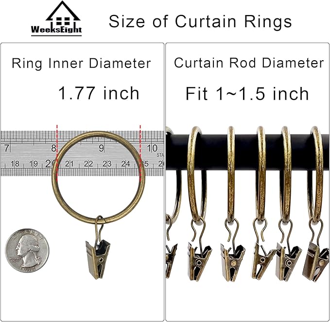 20 Pack Bronze Curtain Rings with Clips, Curtain Hooks Hangers Clip Rings for Hanging Drapes Bows Hat, Drapery Rings 1.77 in I D, Fits up to 1.5 in Diameter Curtain Rod.