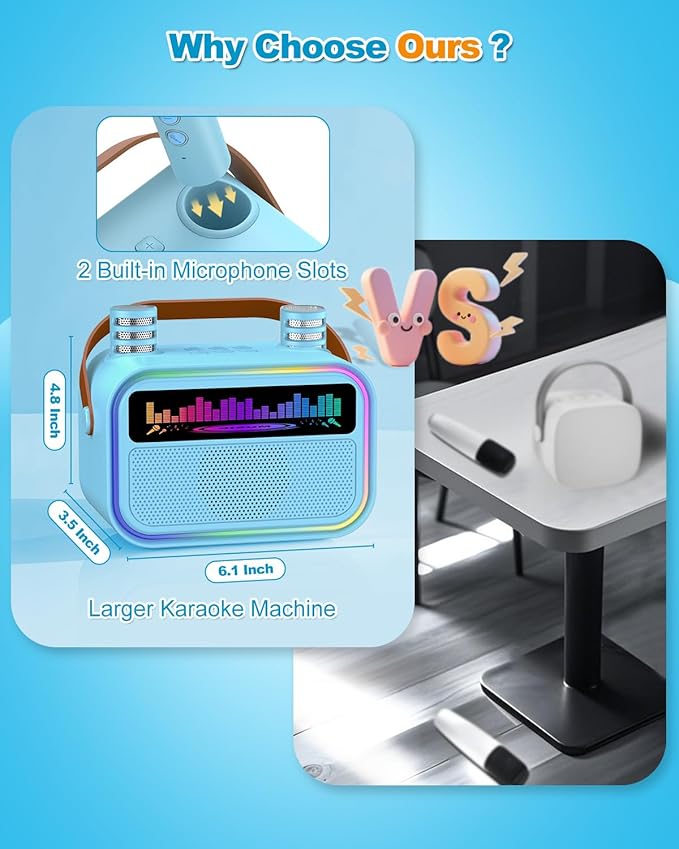 Karaoke Machine for Kids Adults, Birthday Gifts Toys for Girls Boys Age 3-12+,Mini Portable Bluetooth Singing Speaker with 2 Wireless Microphones & LED Lights (Blue)