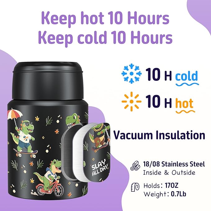 2-Pack Stainless Steel Vacuum Insulated Food Jar with Spoon, Soup Thermo Hot & Cold for Kids & Adults, Leakproof Insulated Lunch Containers with Carry Bag, 17oz.(Black-Dinosaur)