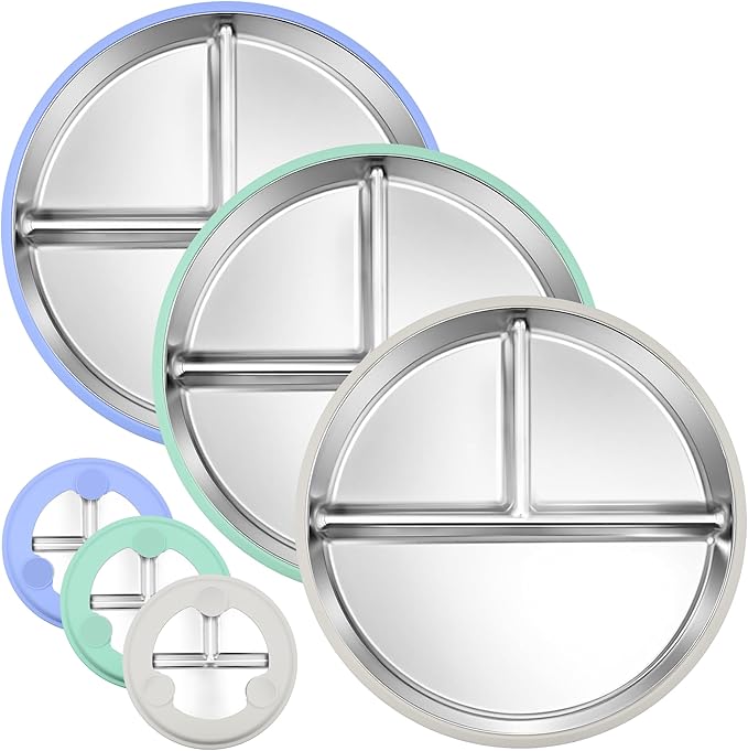 3-Pack Stainless Steel Baby Plates with Suction, BPA-Free Stainless Steel Kids Plates, 9” Divided Toddler Plate for Dishwasher Safe, Non-Slip Silicone Base, Detachable Design (Blue, Gray, Green)