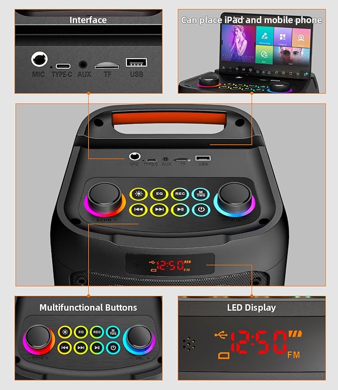 Karaoke Machine for Adults, Portable Bluetooth Speaker with 2 Wireless Microphones, Portable PA System with Disco Lights for Big Party, Outdoor, Ideal Gifts for Family, Music Lover