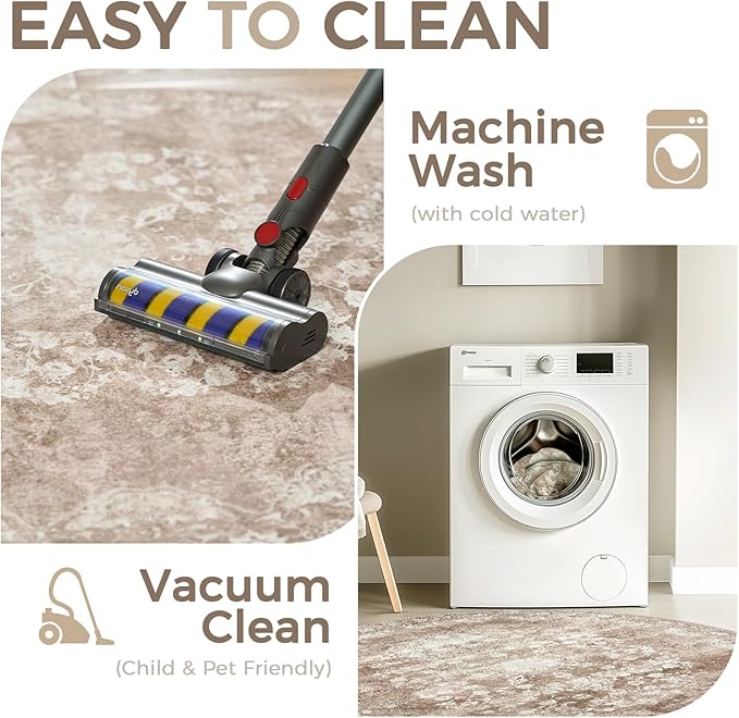 jinchan Round Rug 8ft Area Rug - Brown Vintage Floor Mat Kitchen Indoor - Washable Circle 8' Thin Floral Print Carpet Retro Farmhouse Non Slip Dining Room Living Room Bedroom Office