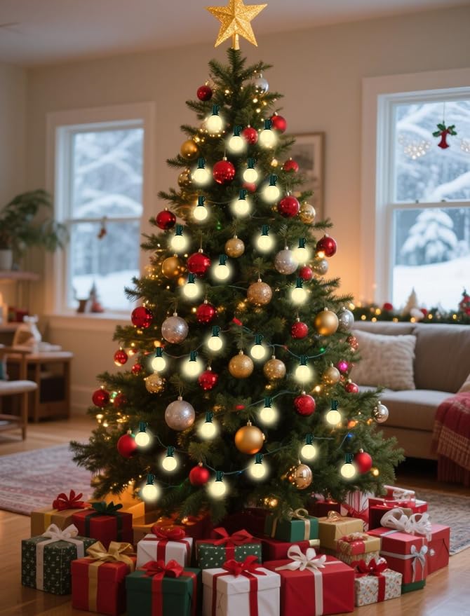 25Ft Outdoor Christmas Lights, Dimmable G40 LED Patio String Lights with 27 Frosted White Globe Bulbs, Green Wire Outdoor Christmas Decorations Lights Waterproof for Wedding Party Porch Backyard