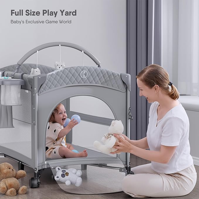 4 in 1 Baby Bassinet, Pack and Play, Bedside Crib Sleeper, Diaper Changer - Comes with Mattress, Mosquito Net，Bottom Storage and Toy Bar for Newborn to Toddles