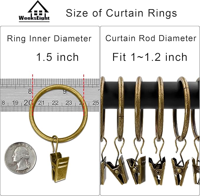 100 Pack Bronze Curtain Rings with Clips, Curtain Hooks Hangers Clip Rings for Hanging Drapes Bows Hat, Drapery Rings 1.5 in I D, Fits up to 1.2 in Diameter Curtain Rod.