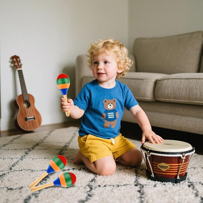 4 Pcs Maracas Hand Percussion Rattles, PLULON Colorful Wooden Maracas Rumba Shakers Rattle Latin Musical Instrument for Kids Adults Game Playing, Mexican Fiesta Cinco De Mayo Party Favors Supplies