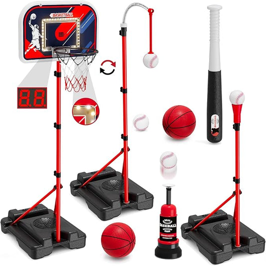 4 in 1 Kids Basketball Hoop and Tball Set for Toddlers 3-5, Basketball Goal with Scoreboard & LED, Hanging Tee Ball Stand with Baseball Pitching Machine, Indoor Outdoor Sport Toys for Boys 4-8