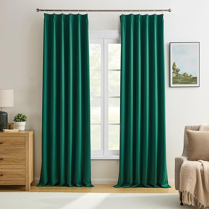 KEQIAOSUOCAI 90 Inch Dark Hunter Green Blackout Curtains for Living Room Pinch Pleated with Hooks - Room Darkening Thermal Insulated Christmas Green Track Curtain 40 x 90 Inches Long-2 Panels Set