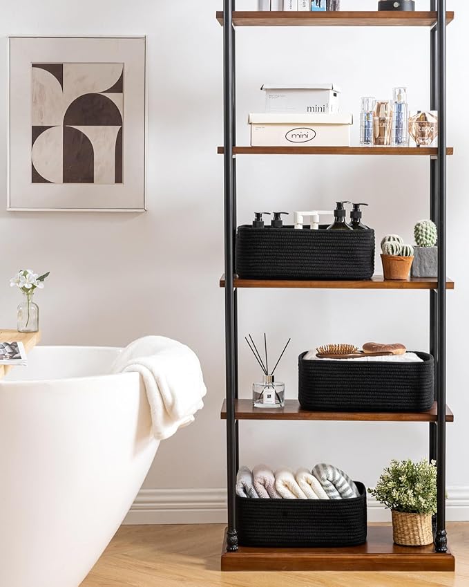 KALLAX Small Woven Basket, 13.5 x 9.5 x 5 Inches, Storage Basket for Organizing, Cute Small Rope Shelf Closet Cube Storage Bins Baskets for Shelves, Dog Toy Gift Baskets Empty, 3 Packs, Black