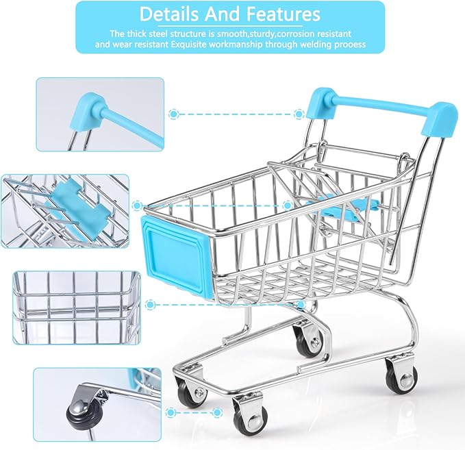 134pcs Mini Shopping Cart Basket Miniature Food Drink Bottle Supermarket Metal Handcart Toys Doll House Store Cosplay Game Dollhouse Grocery Fruit Cake Bread Party Trolley Model Dollar Bills