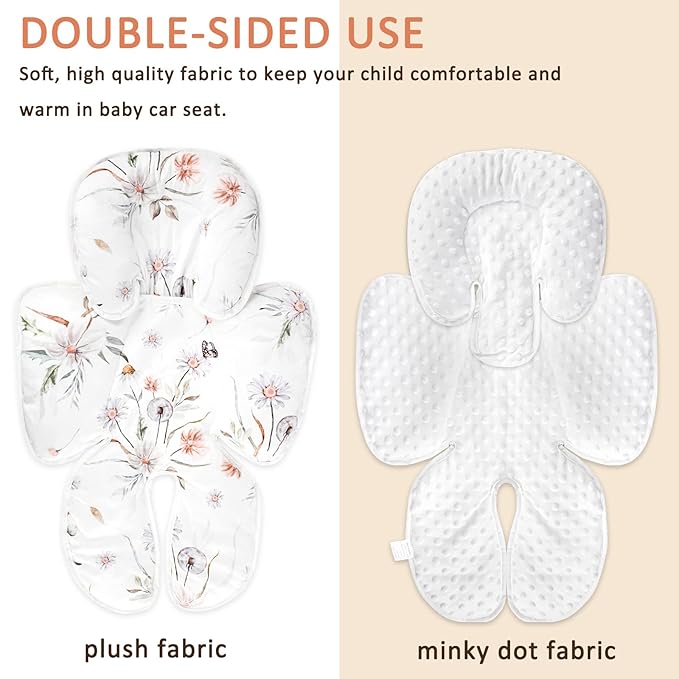 2 in 1 Infant Car Seat Insert, Car Seat Head Support Baby Girls Boys, Soft Newborn Carseat Insert Cushion, Perfect for Carseats, Strollers, Swings (White Flower)