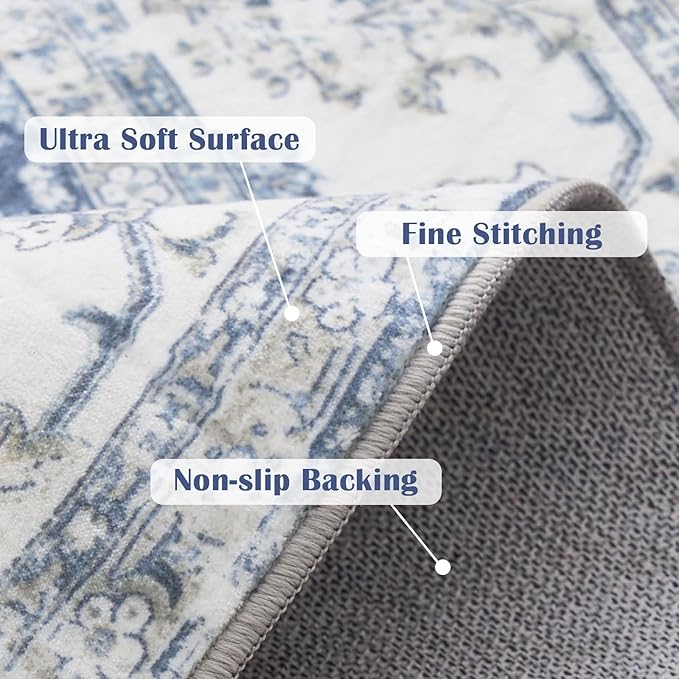 jinchan Round Rug 4ft Area Rug - Indoor Vintage Hallway Circle 4' Washable - Ultra-Thin Low Pile Soft Small Non Slip Distressed Floral Print for Living Room Dining Room Bedroom Entryway Dark Blue