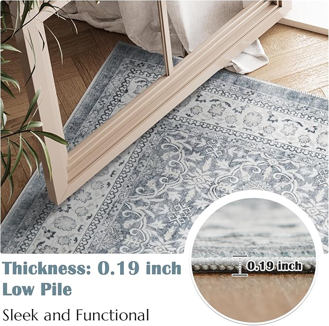 jinchan Floral 5x7 Area Rugs for Bedroom - Machine Washable Vintage Distressed Boho Design Throw Rug Stain Resistant Carpet Low-Pile Thin Non-Slip for Nursery Living Room Dining Room (5‘x7',Grey)