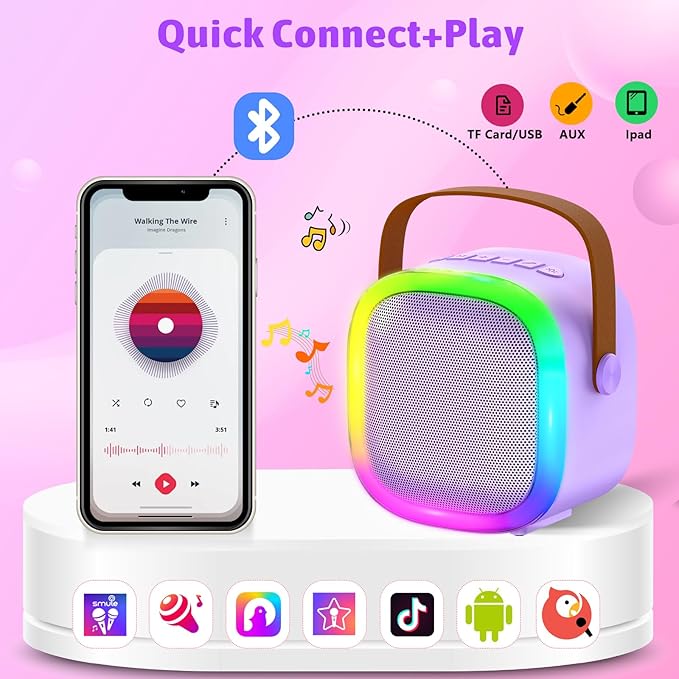 Karaoke Machine for Kids Adults, Portable Bluetooth Speaker with 2 Wireless Microphones and LED Lights, Kids Toys Birthday Gifts for Girls and Boys Ages 4, 5, 6, 7, 8,9,10,11,12+ Years, Home Party