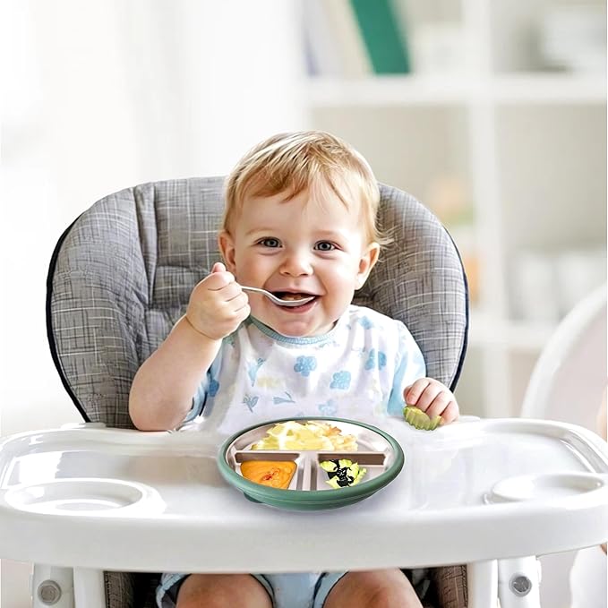 3Pack Stainless Steel Kids Plates, 8.1" Divided Toddler Plates with Removable Silicone Suction Sleeves for Baby Highchairs, Non Toxic BPA Free Non-Slip Unbreakable Snack Lunch Plate