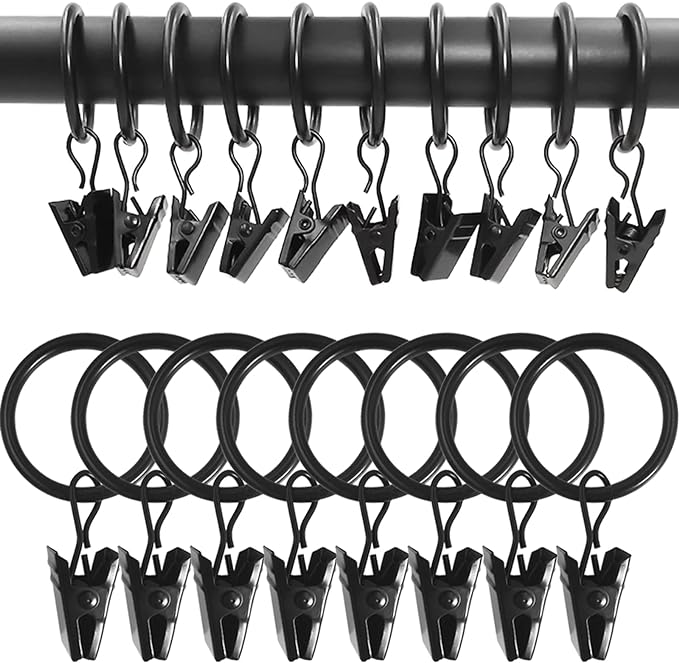 100 Pack Black Curtain Rings with Clips, Curtain Hooks Hangers Clip Rings for Hanging Drapes Bows Hat, Drapery Rings 1 in I D, Fits up to 5/8 in Diameter Curtain Rod.