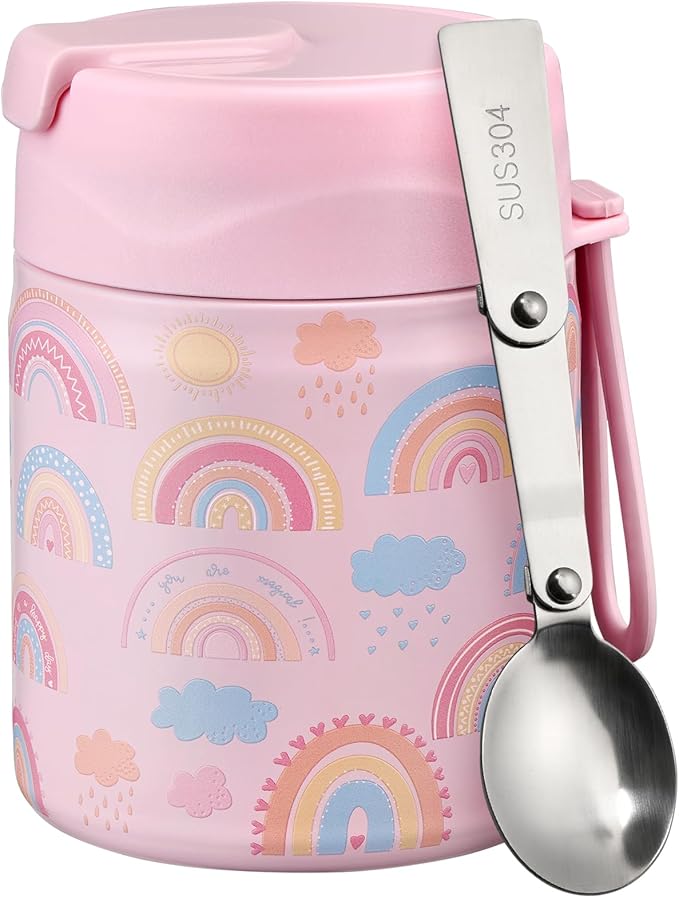 17oz Soup Thermo for Hot Food Kids Insulated Vacuum Food Jar with Stainless Steel Spoon Wide Mouth Thermo Leakproof Lunch Food Container Kids Hot Lunch Box (Pink-Rainbow)
