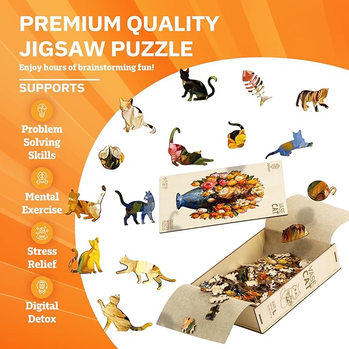 Jigfoxy Wooden Puzzles for Adults, The Vase Cat Wood Puzzles Adult, Unique Animal Shape Wooden Jigsaw Puzzles for Adults, Birthday Gifts for Puzzle Lovers, Family, Friend (S-7.4 * 7.7in-86pcs)