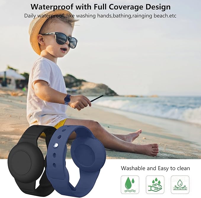 2 Pack Waterproof Airtag Wristband Kids - Anti-Lost Silicone Airtag Holder Cases for Toddler - GPS Tracker Watch Band (Black+Blue)