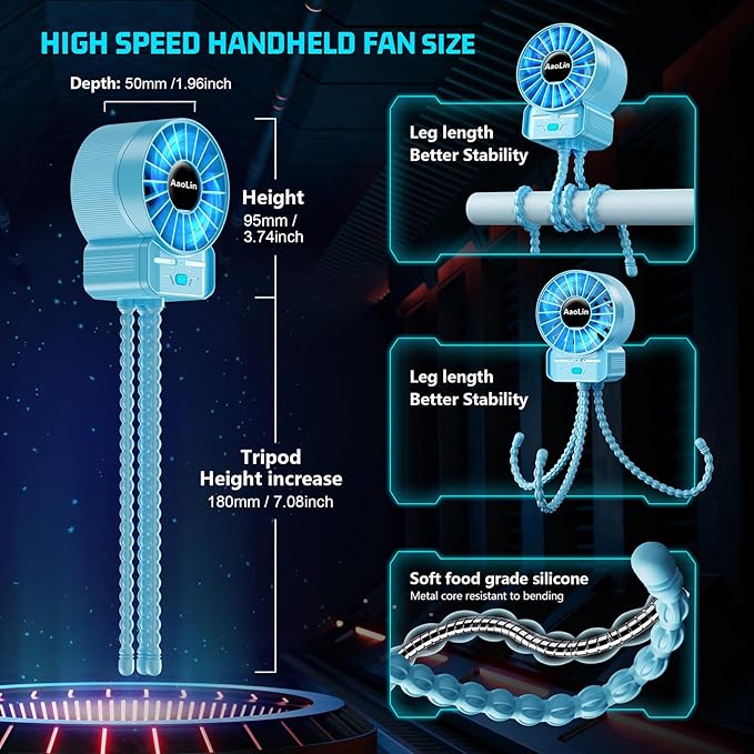2 Pack Multifunctional Portable Stroller Fan 4 Speed 6600rpm High Speed Usb Rechargeable Personal Mini Handheld Fan Extended Tripod for Desktop Winding Kids Bed Treadmill Bike Golf Cart Outdoor Travel