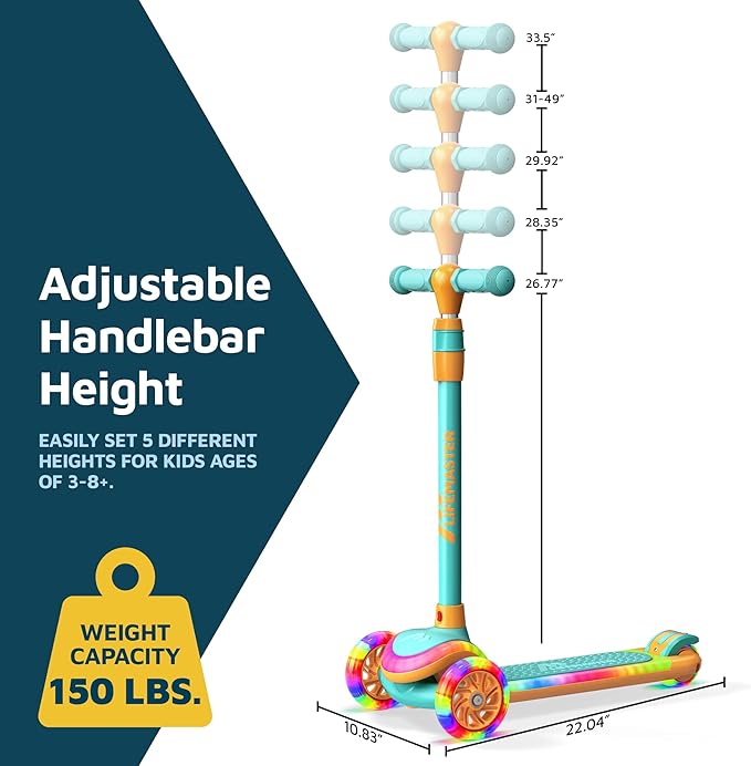 3-Wheel Kids Scooter with Multi-Color Lights on Deck & Wheels – 5-Height Adjustable Handlebar, Wide Anti-Slip Deck, Child Safety Certified, Boys & Girls Ages 3+ Supports Up to 150 lbs