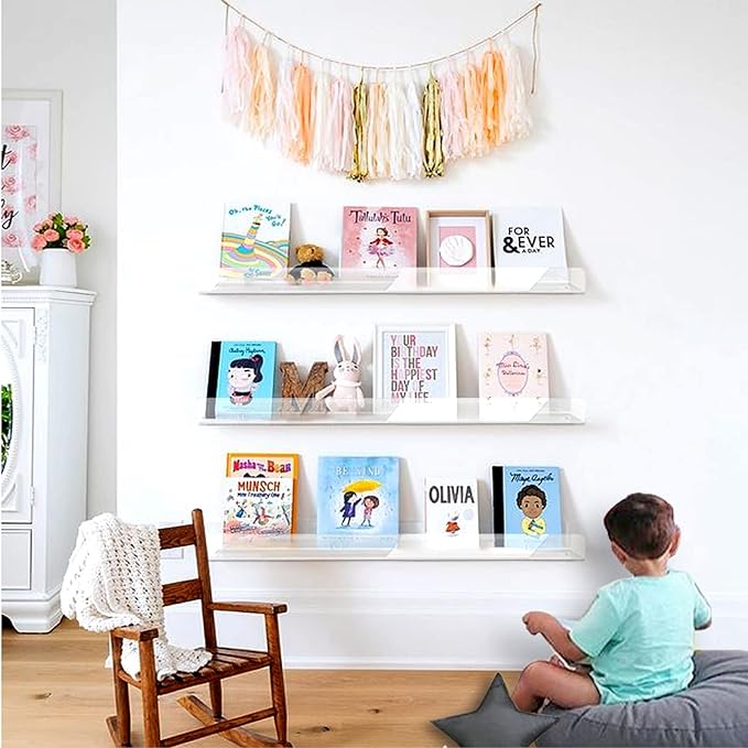 36 Inch 50% Thicker Clear Acrylic Book Shelves, Invisible Kids Wall Bookshelves for Baby Storage Book Rack, Toy Organizer, Book Display, Playroom, Bedroom, Toddler Room, Nursery 2 Packs