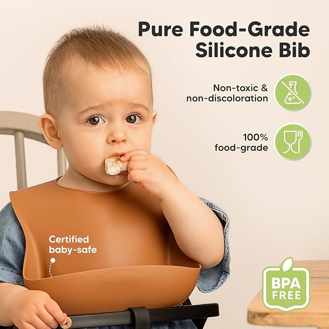 KeaBabies 2-Pack Silicone Baby Bibs for Eating - Sturdy Food-Grade Silicone Bibs for Babies Girl, Boy, Large Food Catcher, Clean & Put On Easily, Waterproof Toddler Feeding Essentials (Terracotta)