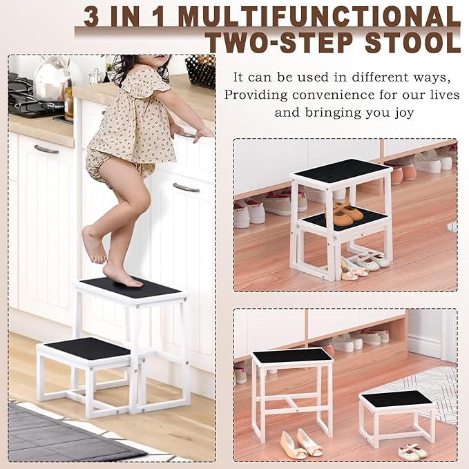 2 Step Stools for Adults Kids, Anti-Slip Sturdy Wooden Foot Stools with 500 Lbs Capacity for High Beds,Closet, Bathroom,Kitchen, Potty Training