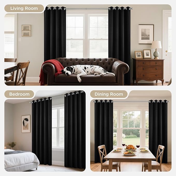 Joydeco Blackout Curtains 108 Inches Long 1 Panel, Thermal Insulated Long Curtains& Drapes 1 Piece, Room Darkening Grommet Drapes for Living Room Bedroom Window (W70 x L108 Inch, Black)