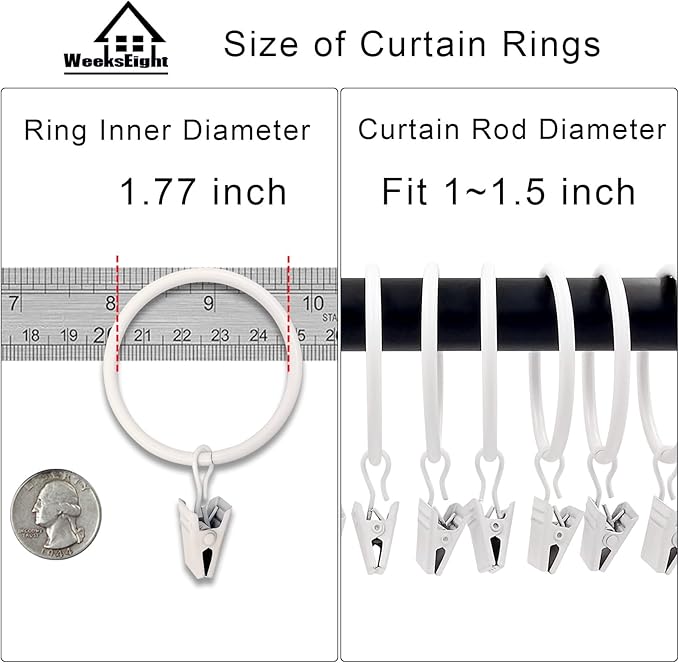 20 Pack White Curtain Rings with Clips, Curtain Hooks Hangers Clip Rings for Hanging Drapes Bows Hat, Drapery Rings 1.77 in I D, Fits up to 1.5 in Diameter Curtain Rod.