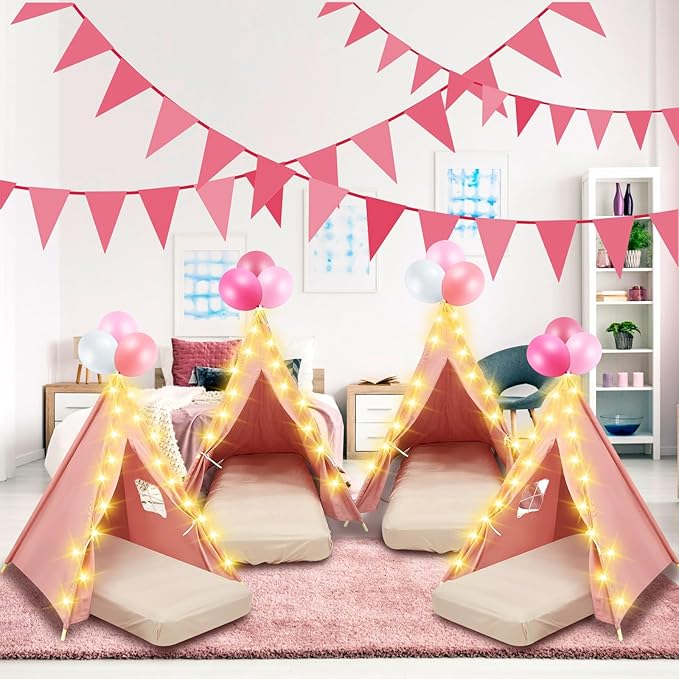 2 Pack Kids Teepee Tent with Mattress,Fitted Sheet,Light String,Washable Natural Cotton Toddler Play Tent for Girls Boys Indoor Outdoor Sleepover Slumber Birthday Party(Pink)