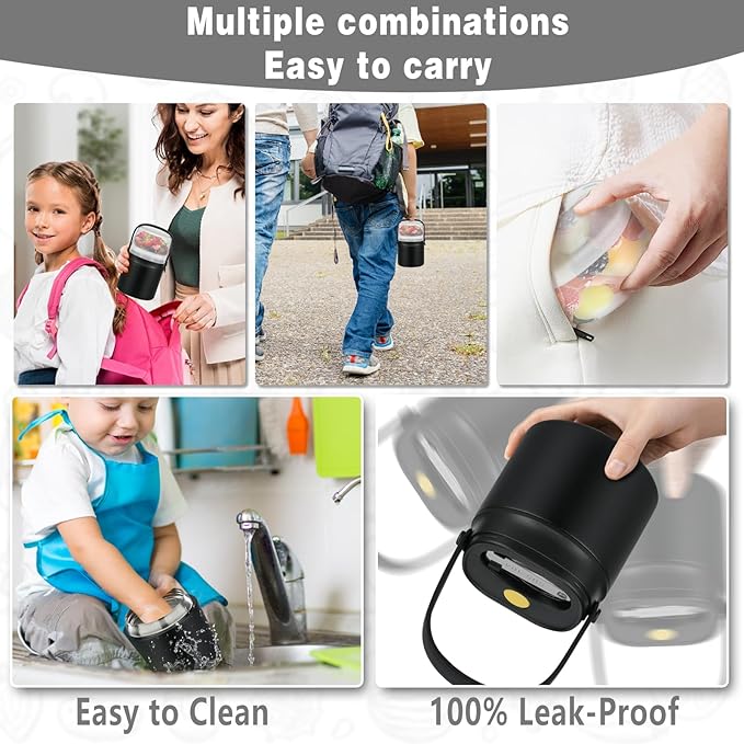 2 - in - 1 Soup Thermo for Hot Food 14oz with Snack Box Container Leak Proof Insulated Lunch Container Kids and Adults Stainless Steel Double Wall Vacuum Wide-mouth Thermal with Spoon and Handle