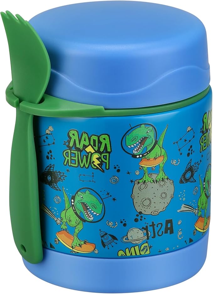 10oz Soup Thermo for Hot Food Kids,Lunch Thermo Kids Food Jar with Spoon Hot Insulated Food Containers,Leak Proof Stainless Steel Wide Mouth Lunch Food Thermo Jar for School(Blue-Dinosaur)