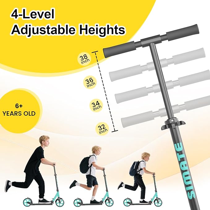 Kick Scooter for Kids Teens & Adults, 4 Adjustable Heights, 8IN All Terrain Big Wheels, Foldable and Lightweight, Gifts for Girls Boys