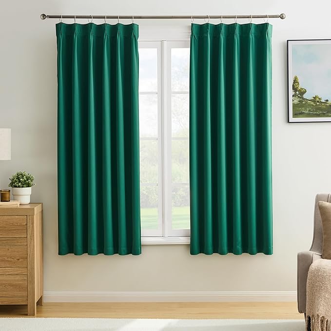 KEQIAOSUOCAI Dark Green Pinch Pleated Blackout Curtains for Small Windows - Thermal Insulated Christmas Green Curtain Drapes with Hooks，40 x 45 Inches Long-2 Panels Set