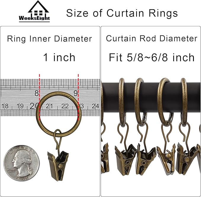 100 Pack Bronze Curtain Rings with Clips, Curtain Hooks Hangers Clip Rings for Hanging Drapes Bows Hat, Drapery Rings 1 in I D, Fits up to 5/8 in Diameter Curtain Rod.