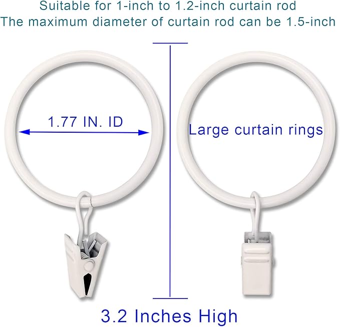 20 Pack White Curtain Rings with Clips, Curtain Hooks Hangers Clip Rings for Hanging Drapes Bows Hat, Drapery Rings 1.77 in I D, Fits up to 1.5 in Diameter Curtain Rod.