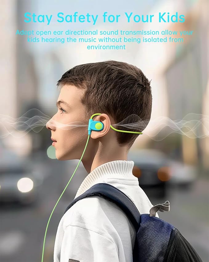 Kid Headphones for School, Air Conduction Open Ear Headphones, 3.5mm Jack Wired Cord, Ultra-Comfort, Ergonomic and Lightweight Design Perfect for School and Outdoor Activities-Blue Green