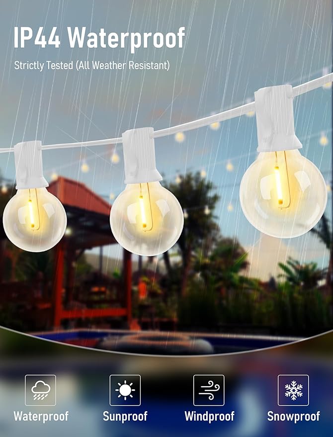 25Ft LED Outdoor String Lights, G40 Globe Patio String Lights Waterproof with 27 Shatterproof Bulbs, Hanging Outdoor Christmas Decorations Lights for Backyard Garden Bistro Wedding Party Decor, White