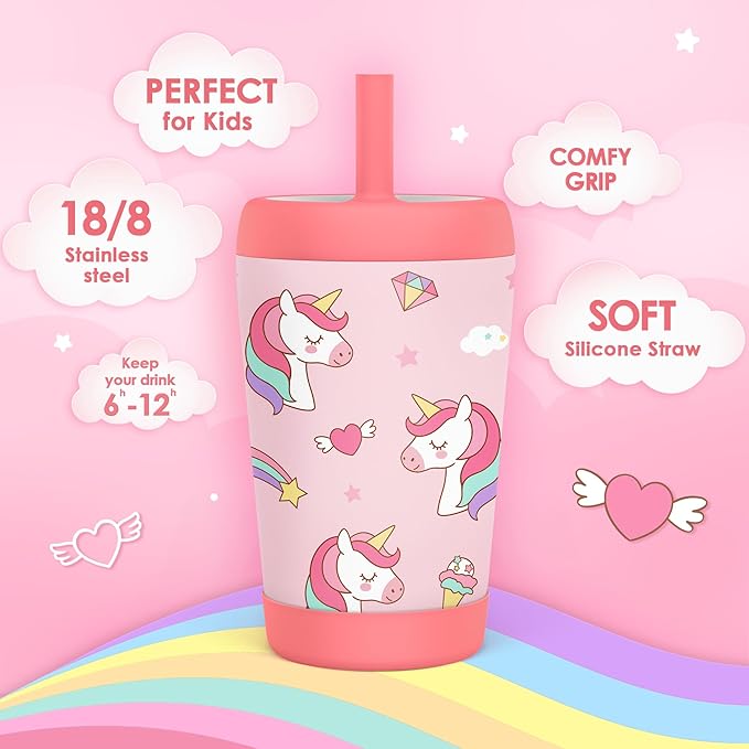 Kid Insulated Stainless Steel Tumbler with Silicone Straw, 12oz Sippy Cup for Kids (Dreamy Unicorn)