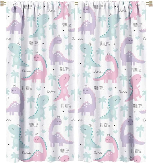 Kids Dinosaur Curtains for Boys Girls Bedroom Decor Cartoon Dino Colorful Cute Funny Animal Wildlife Printed Blackout Rod Pocket Window Drapes for Baby Nursery Playroom W27.5xL63in 2 Panels