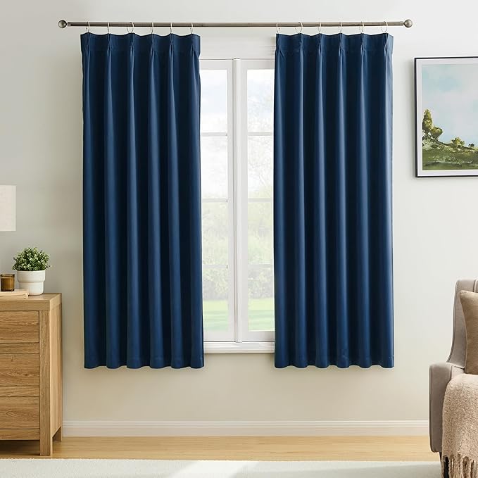 KEQIAOSUOCAI Pinch Pleated Blackout Curtains 2 Panels Set, Thermal Insulated Room Darkening Privacy Window Curtain Panels for Bedroom(Navy Blue, 40 inch Wide x 63 inch Long)