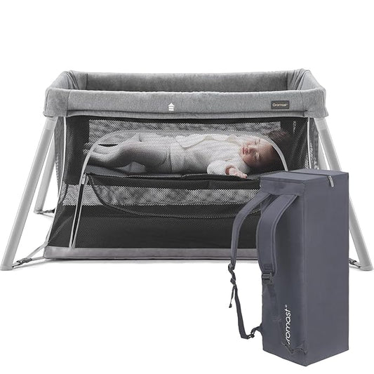 2 in 1 Portable Travel Crib for Toddler, Foldable Crib for Baby, Lightweight Playpen Collapsible Playard with Soft Mattress, Easy to Carry Baby Travel Bed for Outdoor, Indoor (Grey)
