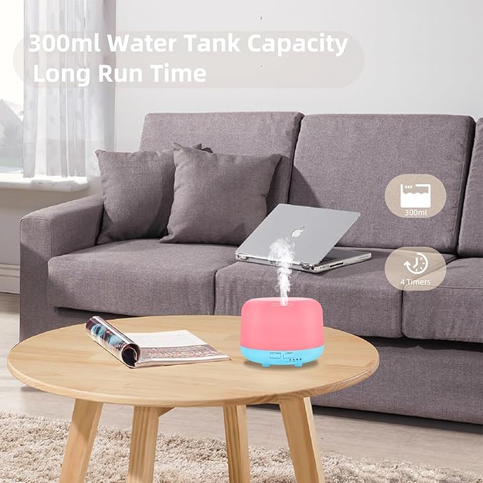 300ML Air Diffuser for Essential Oils, Ultrasonic Aromatherapy Diffuser, Remote Control Aroma Diffuser Humidfer, 7Color Changing LED Light,Auto-Off, Timer for Home, Bedroom, Office, Kids.
