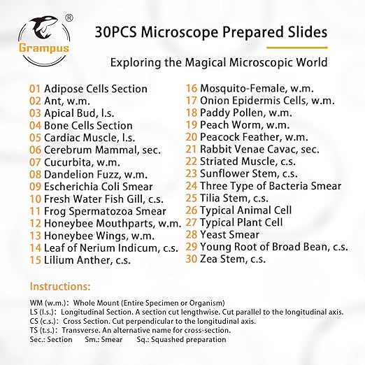 30 Prepared Microscope Slides with Specimens for Kids Students - Animals Plants Insects Microorganism, for Biological Science Lab, Children's Science Education, Homeschool