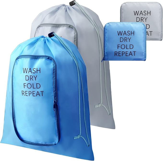 2 Pcs Travel Laundry Bag Washable Dirty Clothes Bag with Drawstring and Zipper for Suitcase, 22 x 18 Inch (Gray, Blue,Classic)