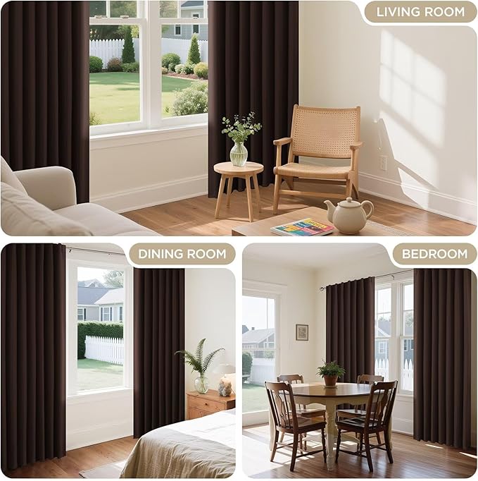 Joydeco 72 Inch Blackout Curtains for Bedroom, Thermal Insulated Black Out Curtains, Room Darkening Drapes for Living Room Window Rod Pocket Back Tab (W52 x L72 Inch, Chocolate)