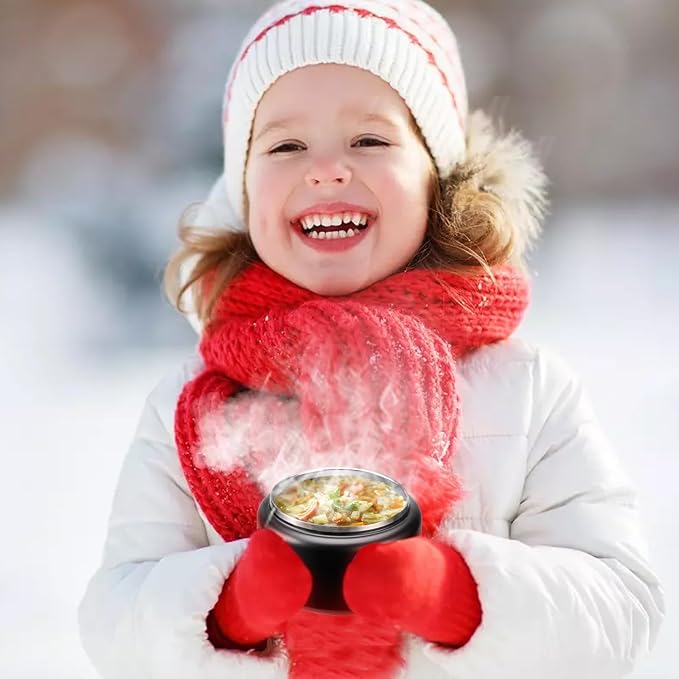 13.5oz Kids Jar for Hot Food, Insulated Vacuum Food Jar with Buckle Lid, Stainless Steel Wide Mouth Leak Proof Insulated Lunch Container for School Picnic Travel, Black